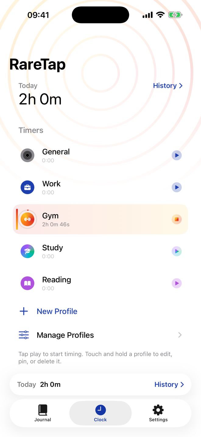 RareTap Clock screen showing activity timers and a weekly goal.