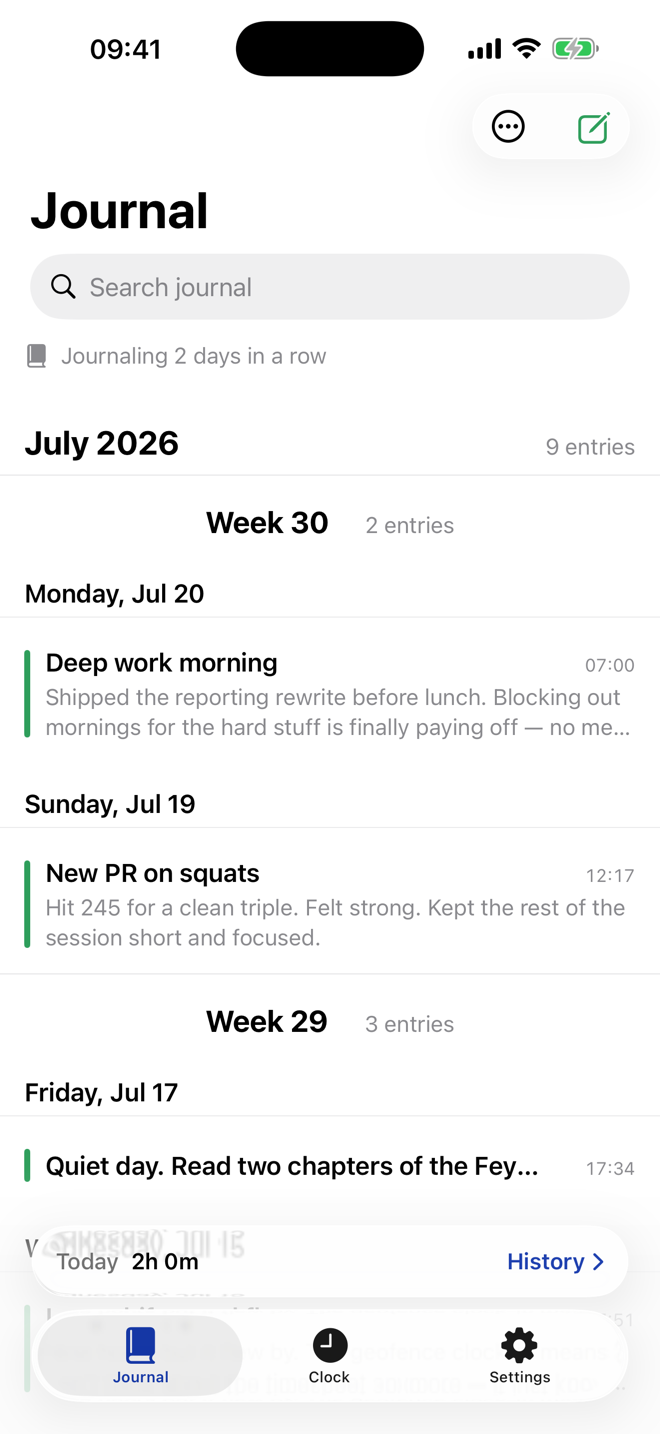RareTap Journal screen with notes grouped by day.